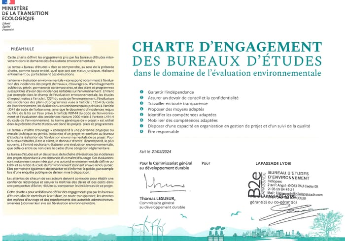 Charte d’engagement des bureaux d’études dans le domaine de l’évaluation environnementale, exemplaire signé par B2E Lapassade