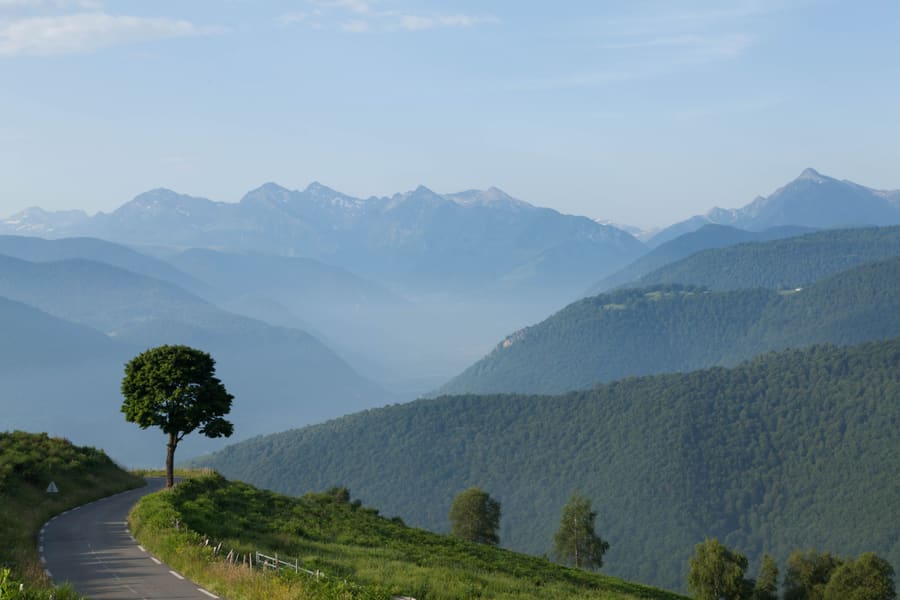 Piémont pyrénéen, crêtes boisées dans la brume